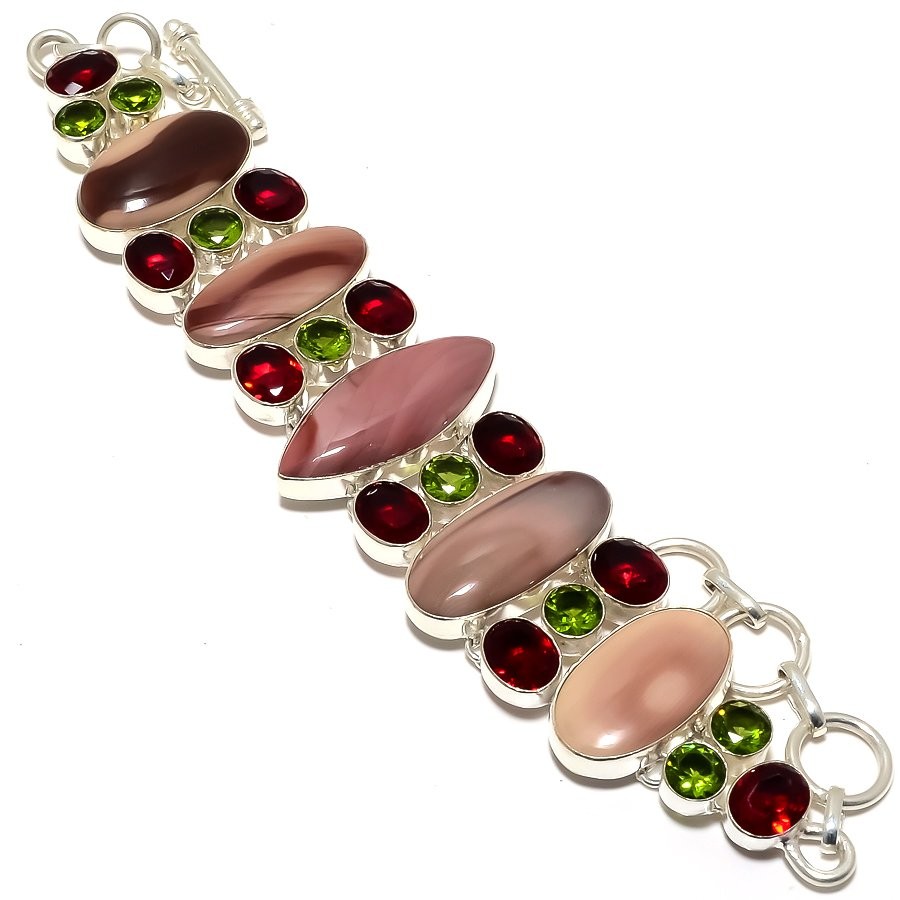 Natural Polychrome Jasper & Garnet Gemstone 925 Silver Plated Bracelet 7-8″ T8