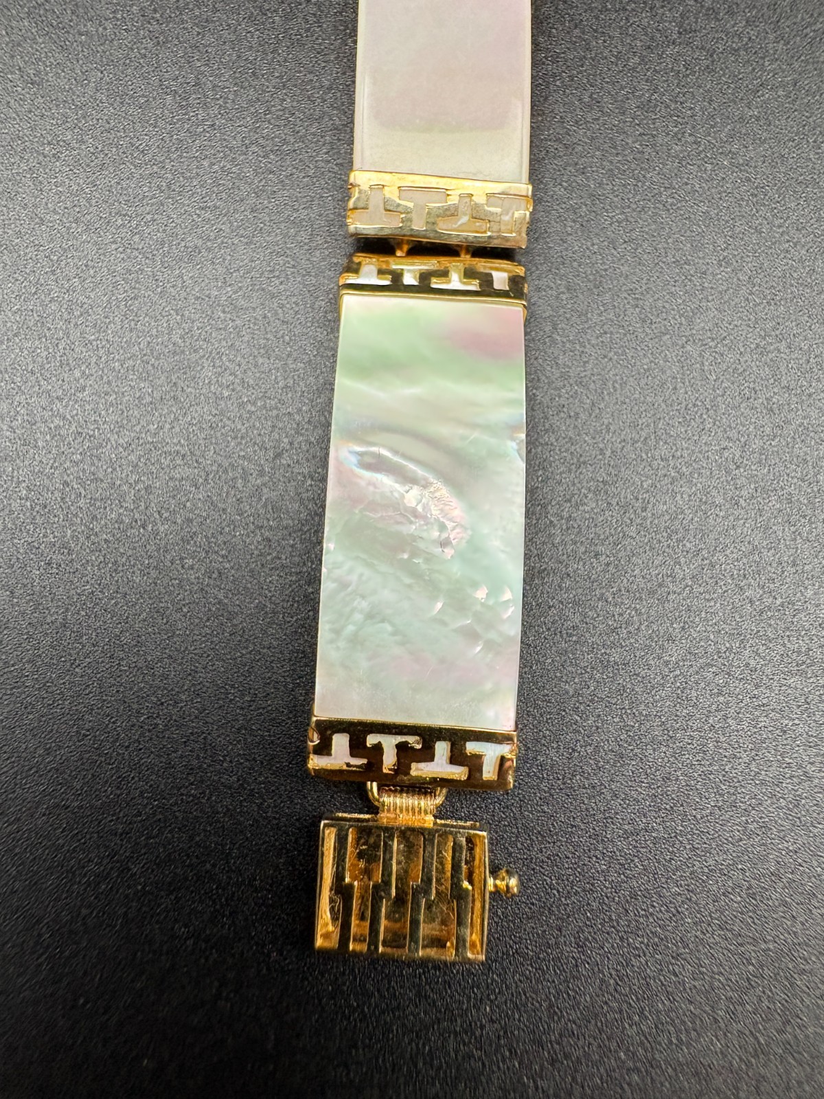 Vintage 14K Yellow Gold Mother of Pearl Greek Key Link Bracelet Heavy 16.1g