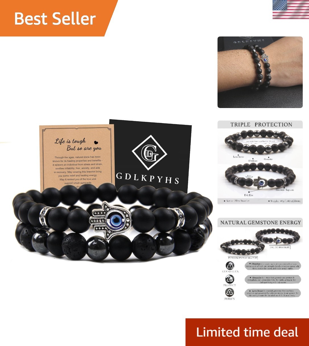 Unisex Triple Protection Bracelet – 8MM Obsidian & Lava Stone Beaded Wristband