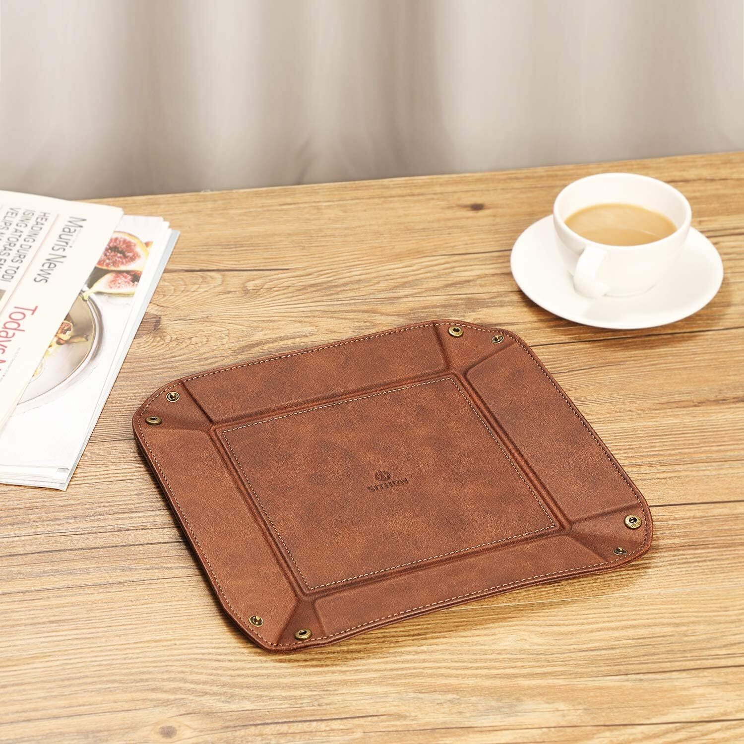 Valet Tray Desktop Storage Organizer PU Leather Catchall Tray for Jewelry Wallet