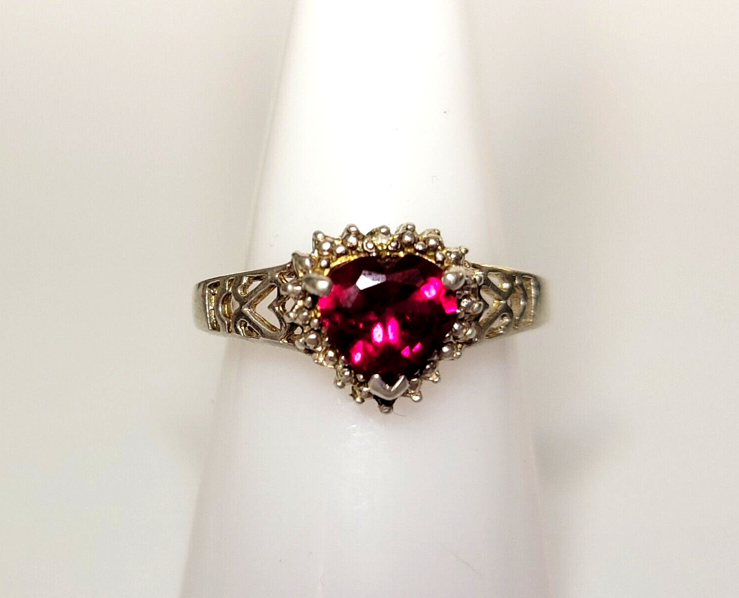 Sterling Silver (.925) Lab Created Ruby Heart & Diamond Accent Ring, Size 7, JJT