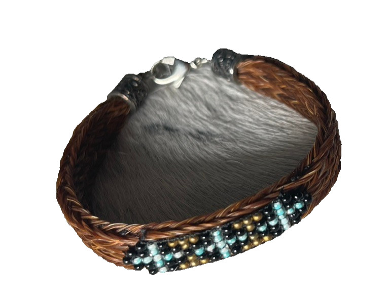 Western Womans Bracelet 8 x 3/8 in Cross Horsehair Bead Lobster Brown Multicolor