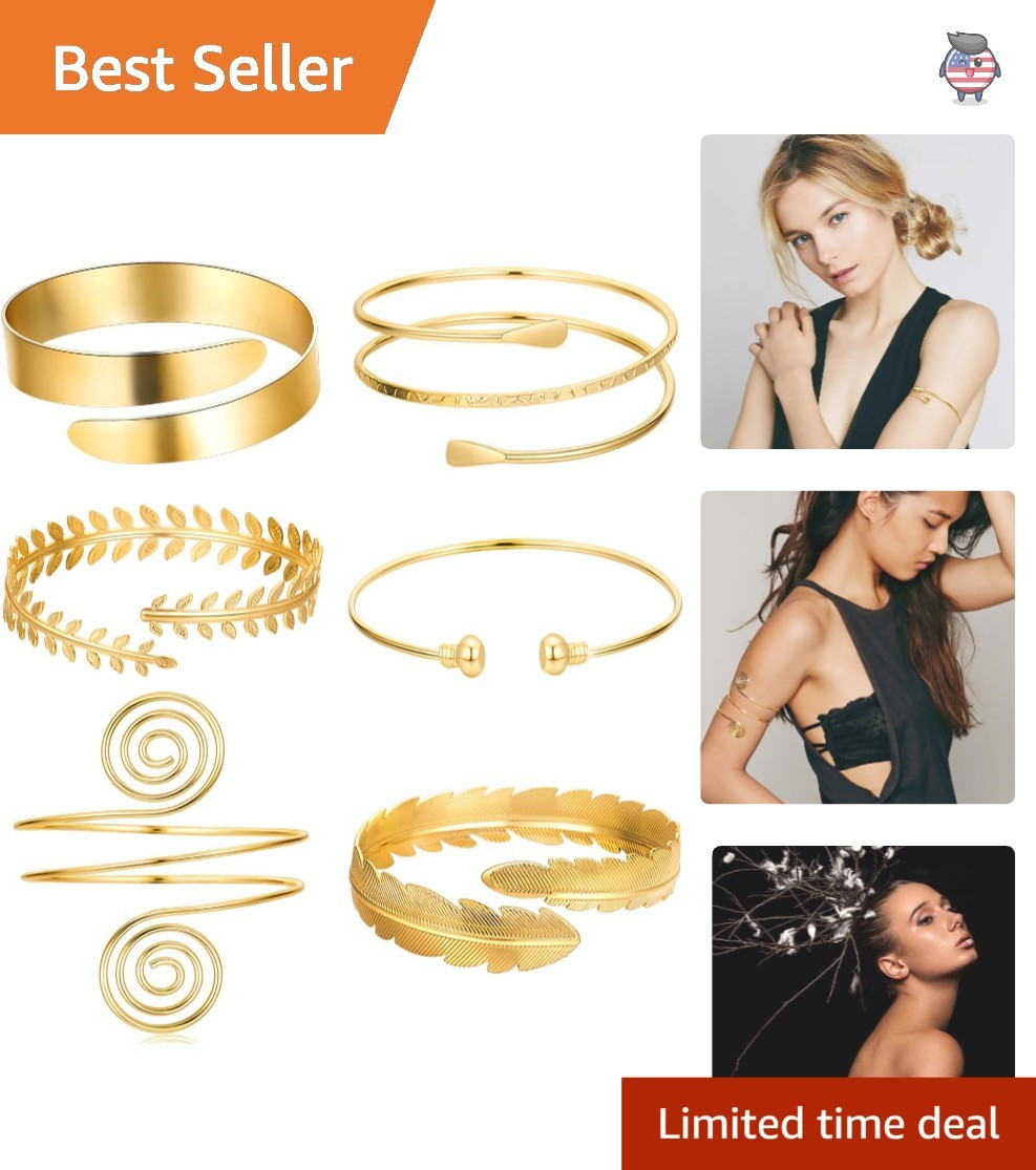 6-Piece Gold Plated Arm Bracelet Set: Adjustable Cuff Bangles for Women