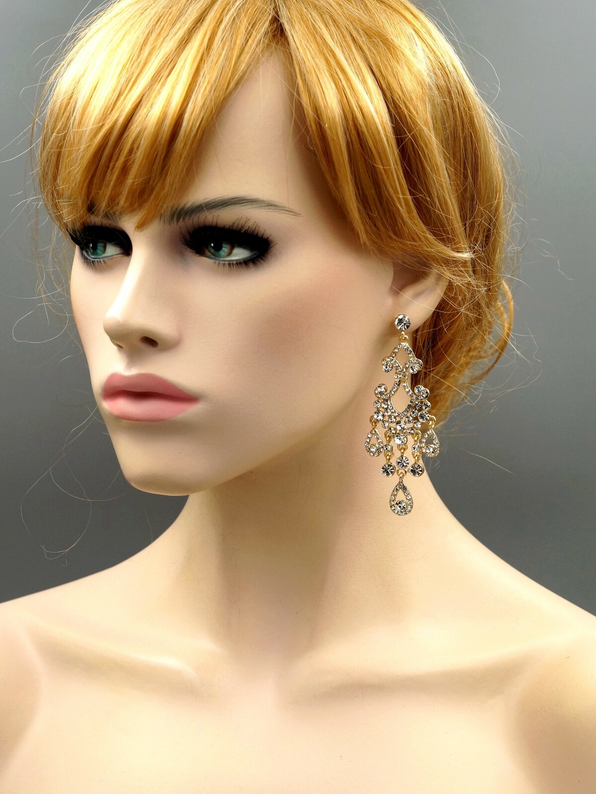Women Chandelier Earrings Gold Plated GP Clear Crystal Wedding Drop Dangle 00165