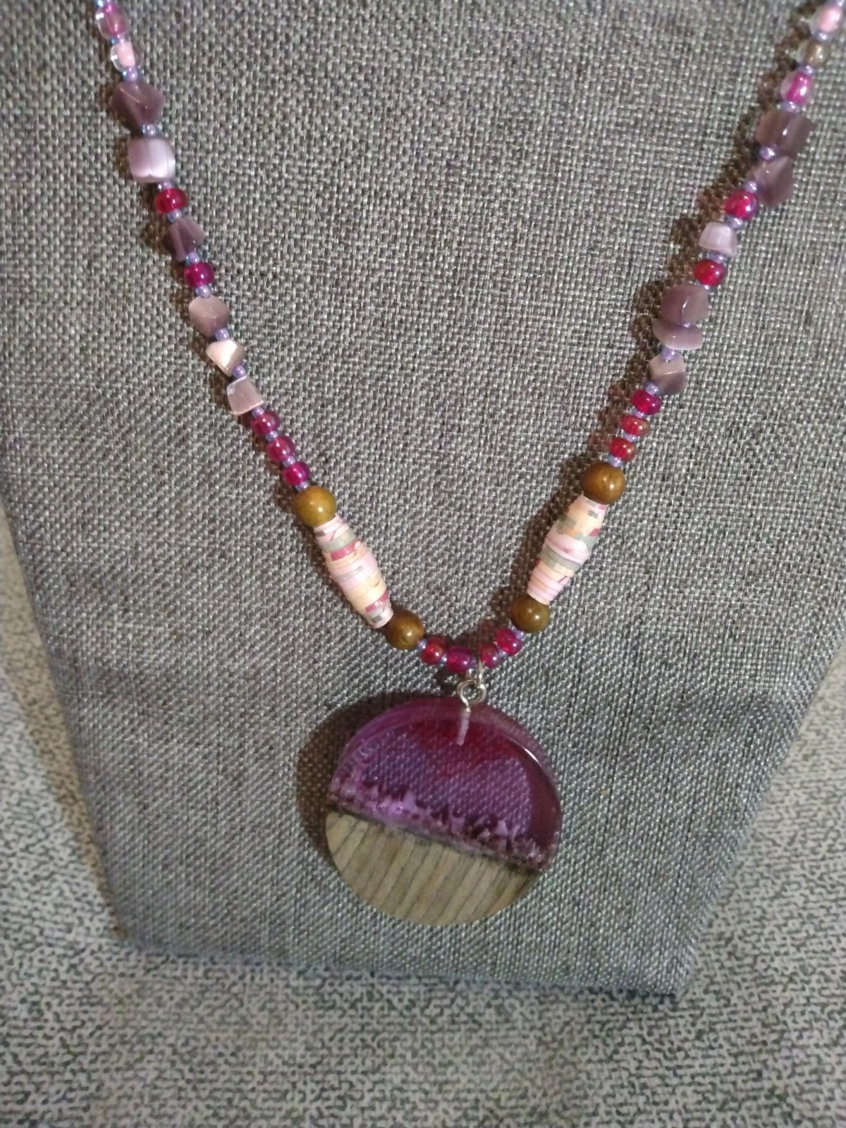 Handcrafted Bohemian Multicolor Glass Beaded Necklace, Round Purple Charm