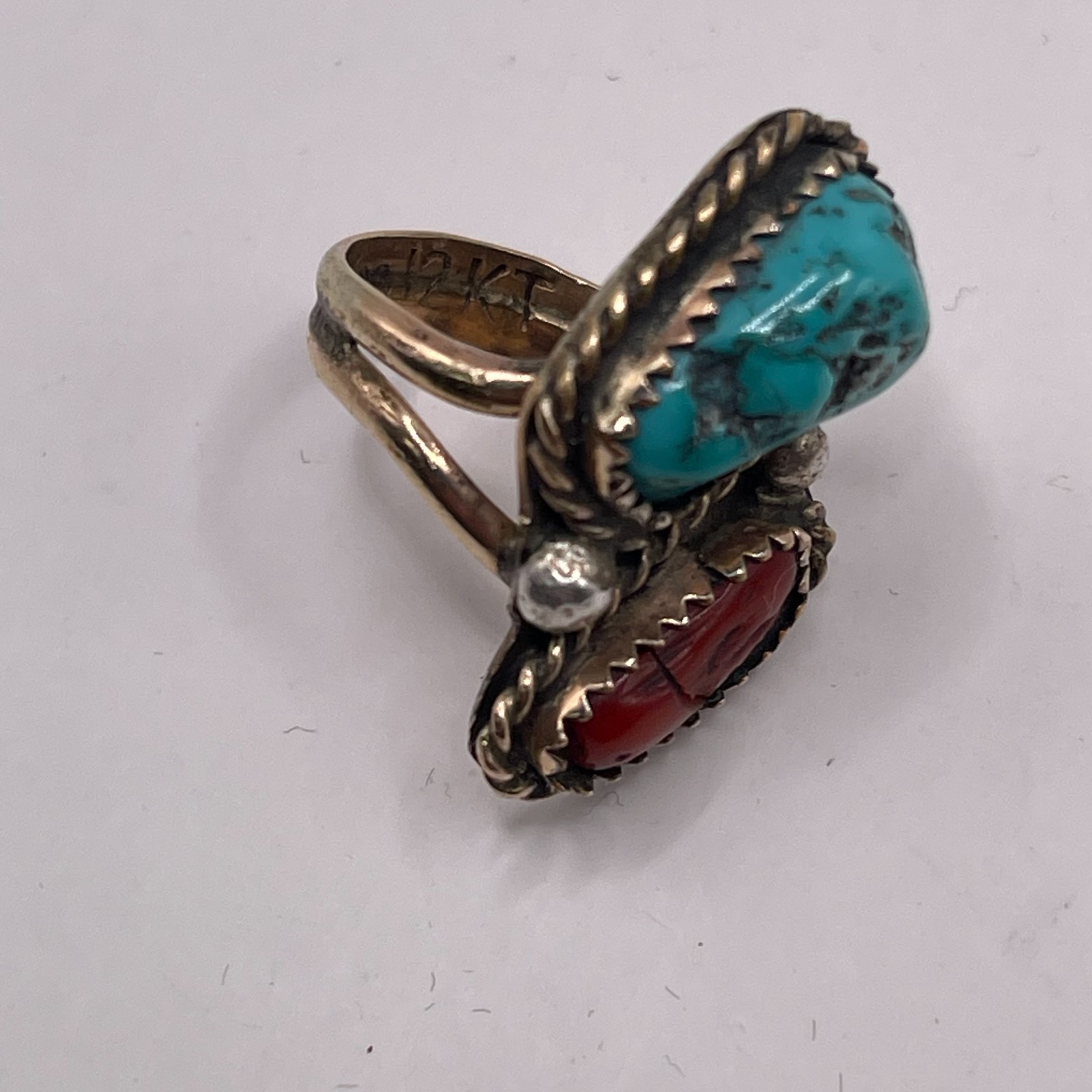 VINTAGE NAVAJO GOLD FILLED TURQOUISE & CORAL RING 1/20TH 12KT CABOCHON SIZE 4.0