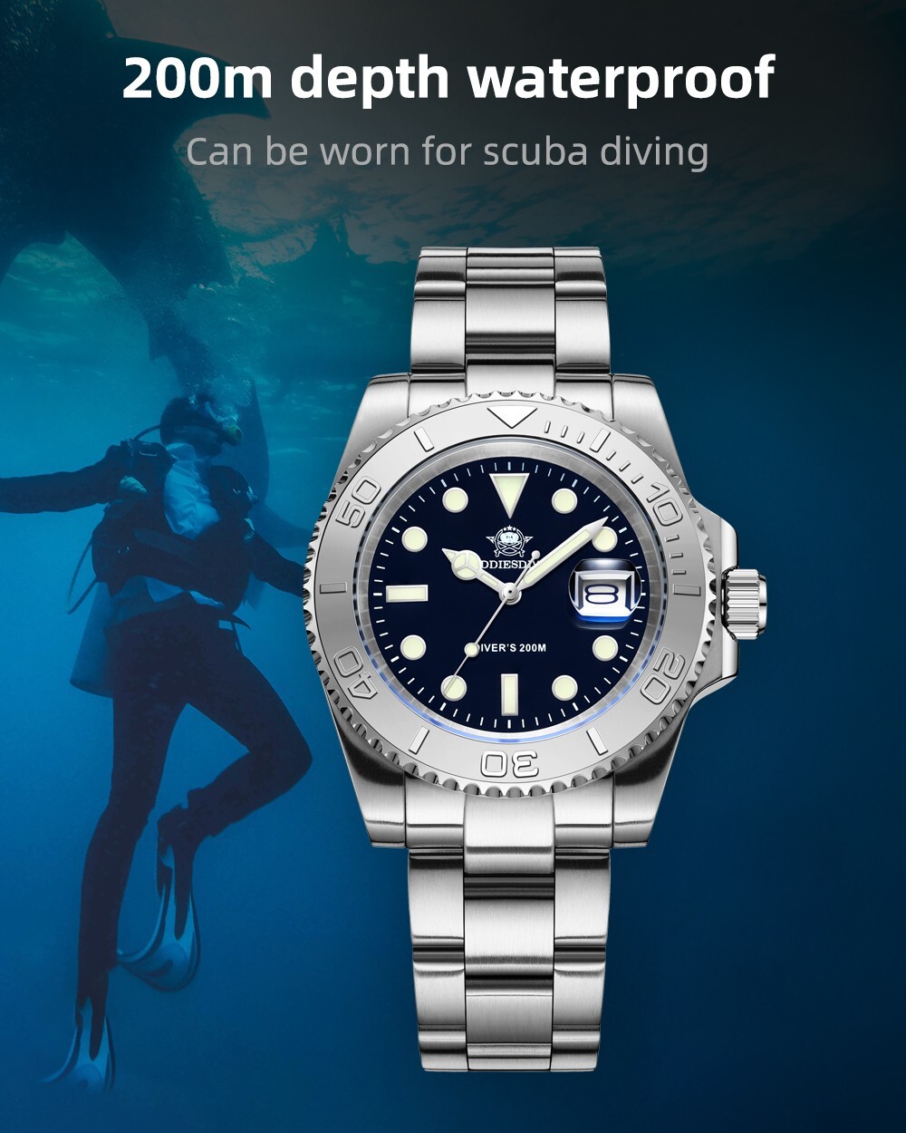 Addiesdive Yacht-Master Quartz Diver 200M Watch Stainless Steel Silver
