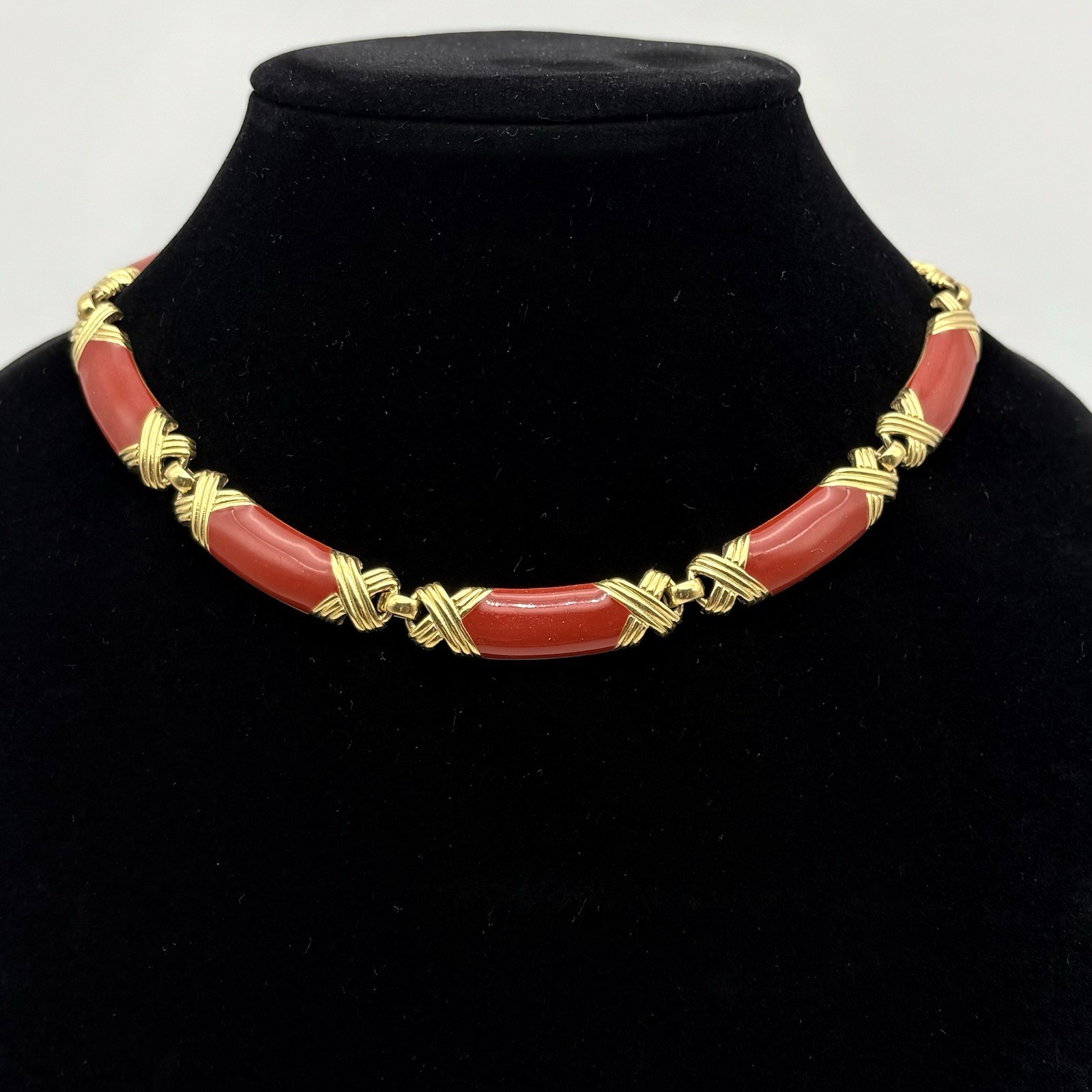 Monet Vintage Blood Orange Red Enamel & Gold Tone Choker Necklace 17 Inches