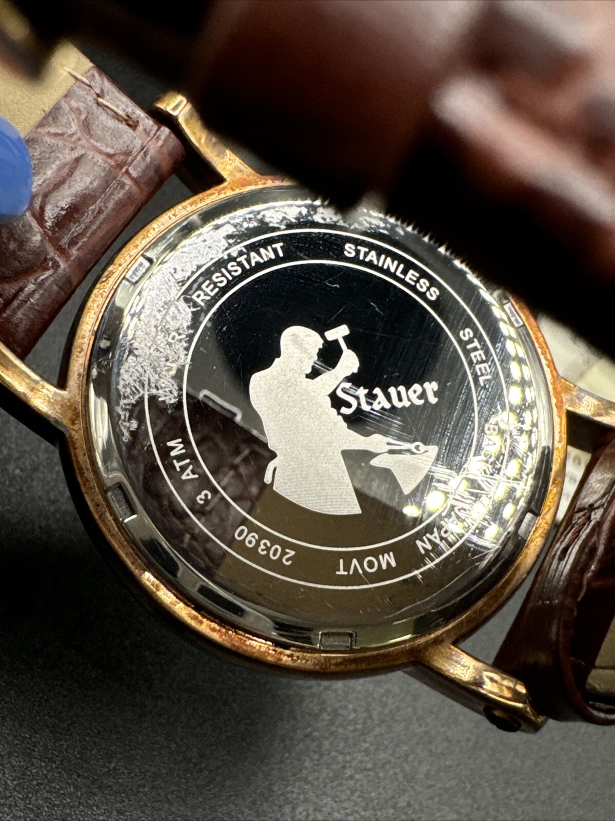 Mens Stauer Round Gold Tone Moonphase Brown Leather Strap Analog Watch 20390 F1