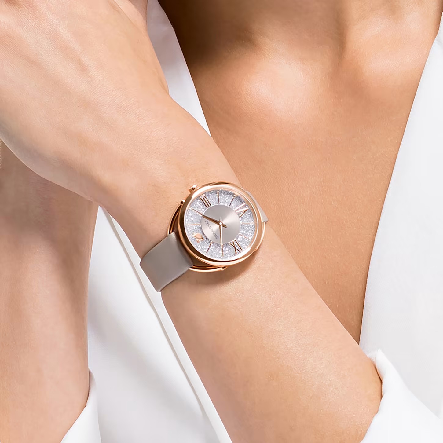 Swarovski Crystalline Glam Watch Leather strap, Gray, Rose gold-tone -5452455