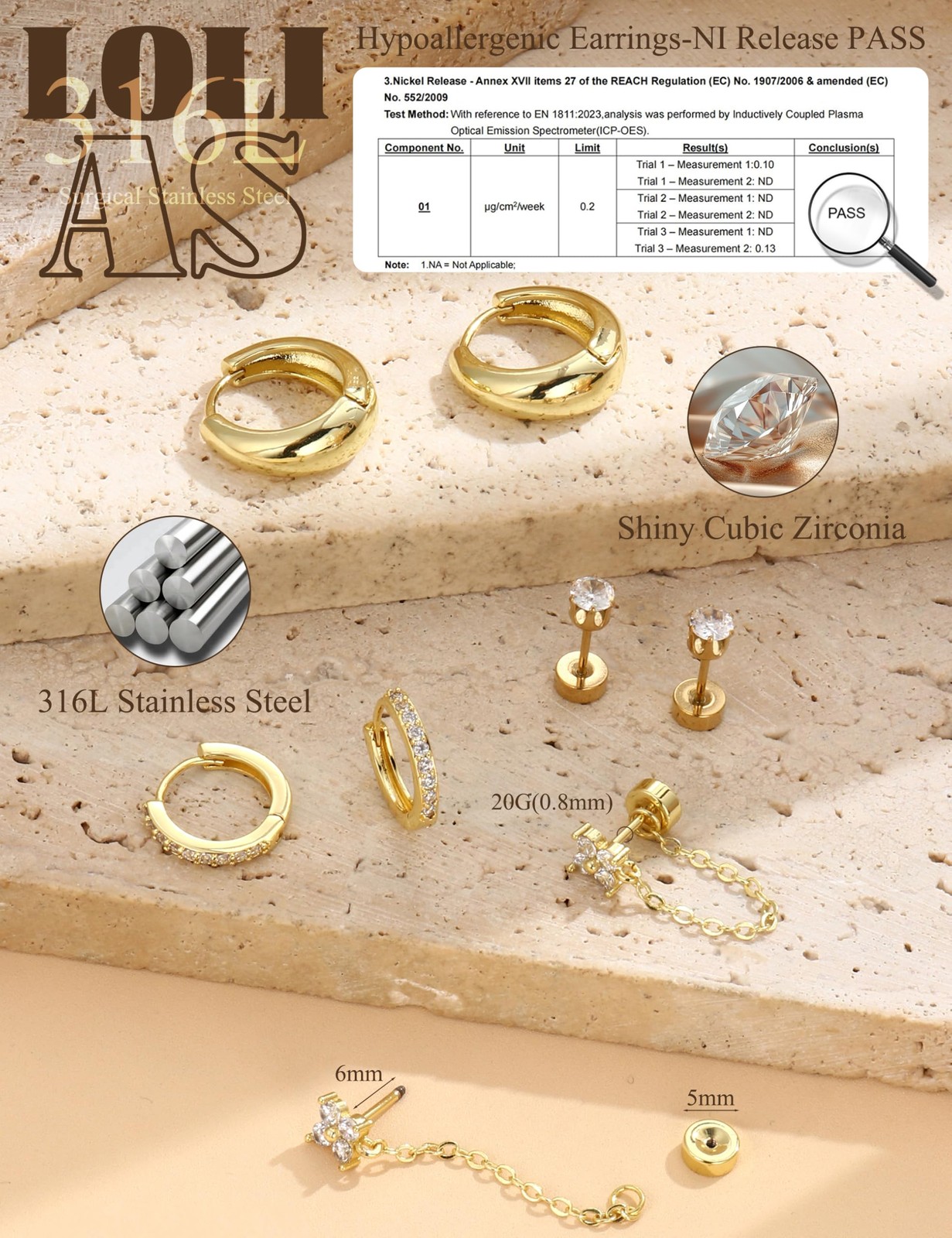 Flat Back Hypoallergenic Surgical Steel Earrings – 20G Gold Plated Stud Set