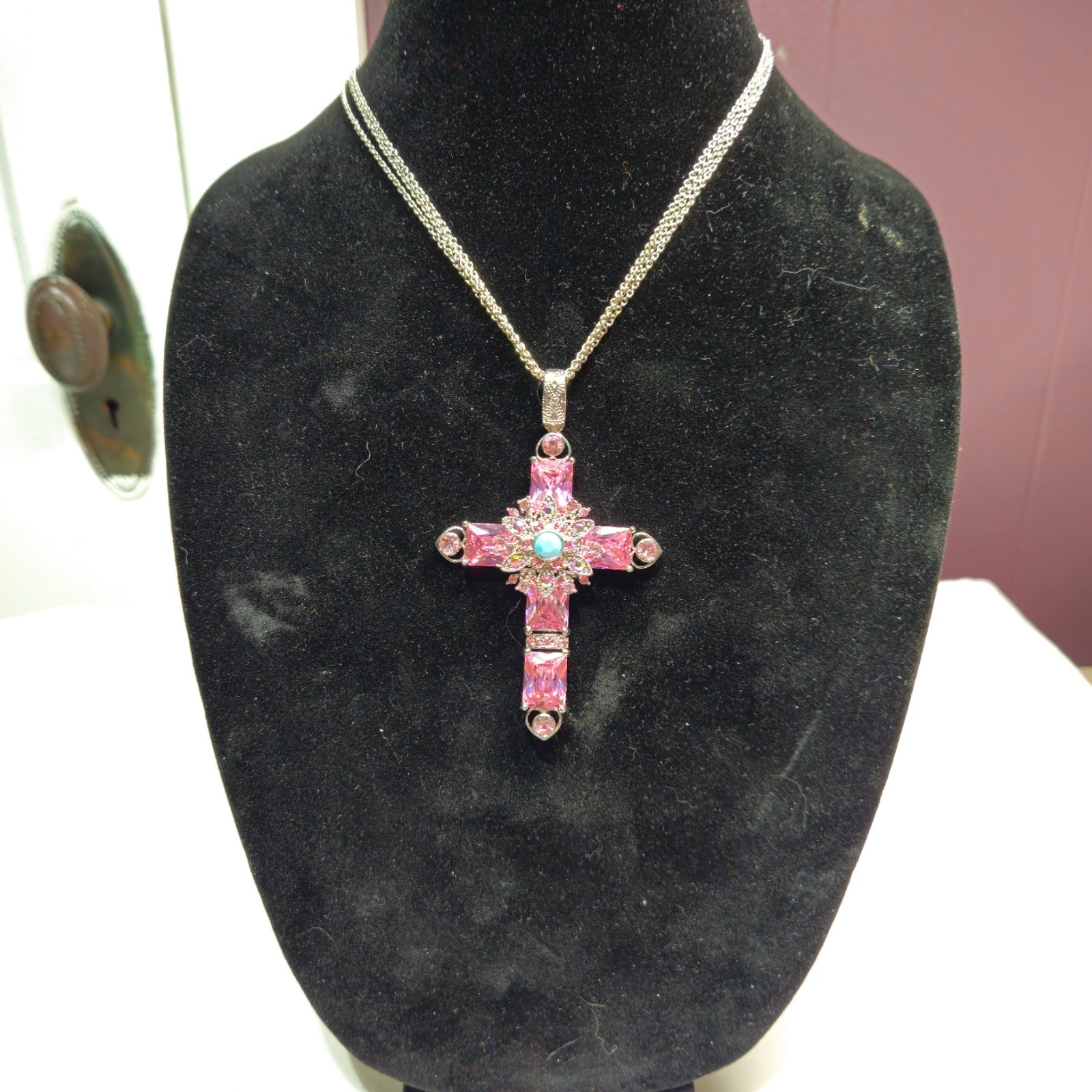 Silver tone Pink & Blue Rhinestone Cross Necklace Religious Christian 12″ 40g