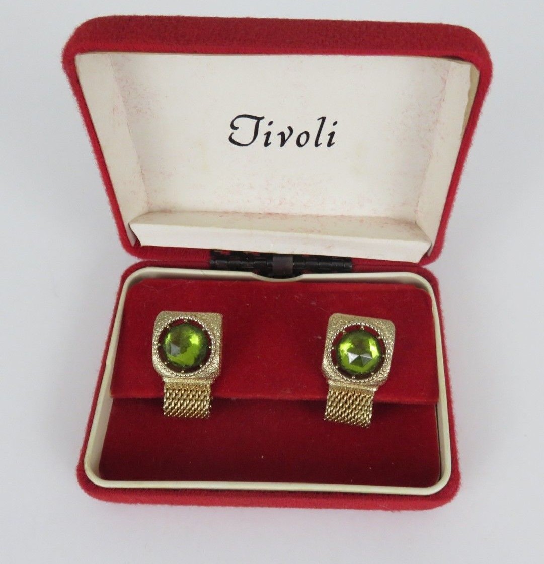 Vintage Swank Tivoli Men’s Green Stone/Glass with Gold Body Cuff links Jewelry