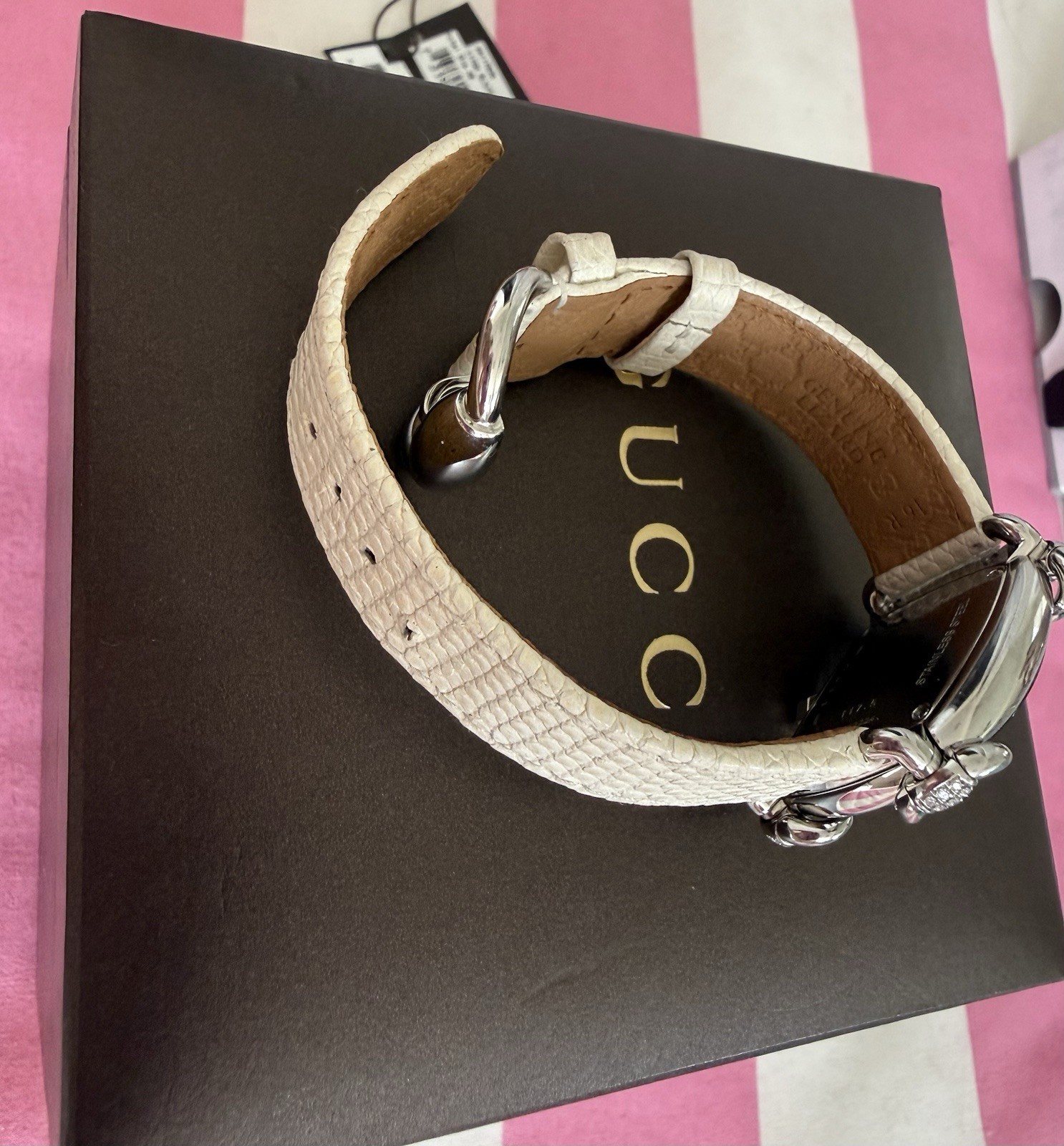 Gucci YA117506 Women’s Quartz Rectangular Silver Dial White Leather Strap Box