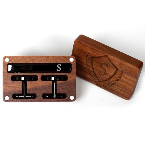 Mens Initial Cufflinks and Tie Clip A-Z Alphabet Letter Black Classic-S