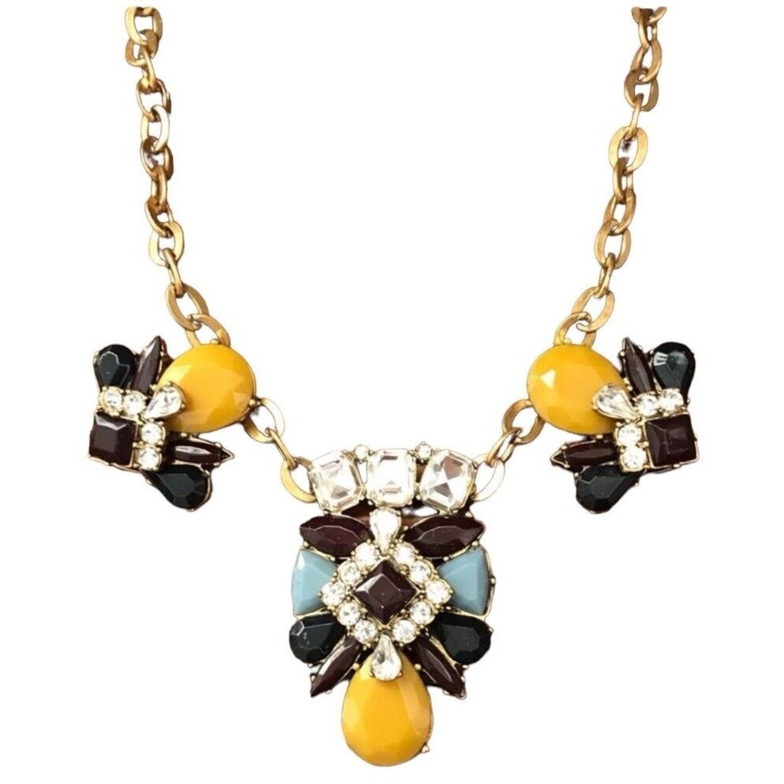 J. Crew Mustard Yellow Blue Eggplant Antique Gold Rhinestone Statement Necklace
