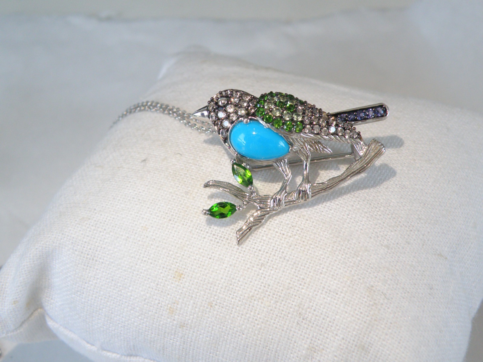 Victoria Wieck Sterling Silver 925 Turquoise Gemstone Bird Brooch Slide Necklace