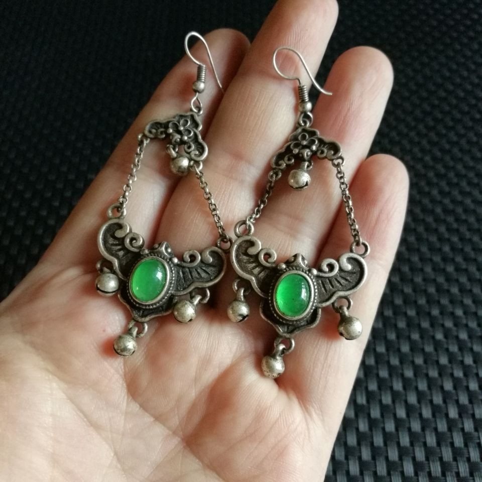 Vintage Court Butterfly Earrings Green Gem Hanfu Qipao Jewelry Pair