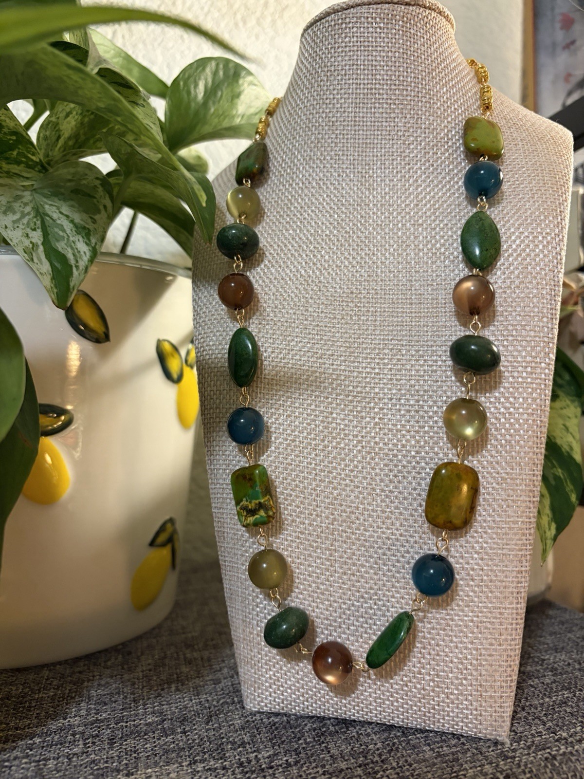 Handmade Glass Beaded Necklace Green Blue Brown Beads with Gold Tone Clasp