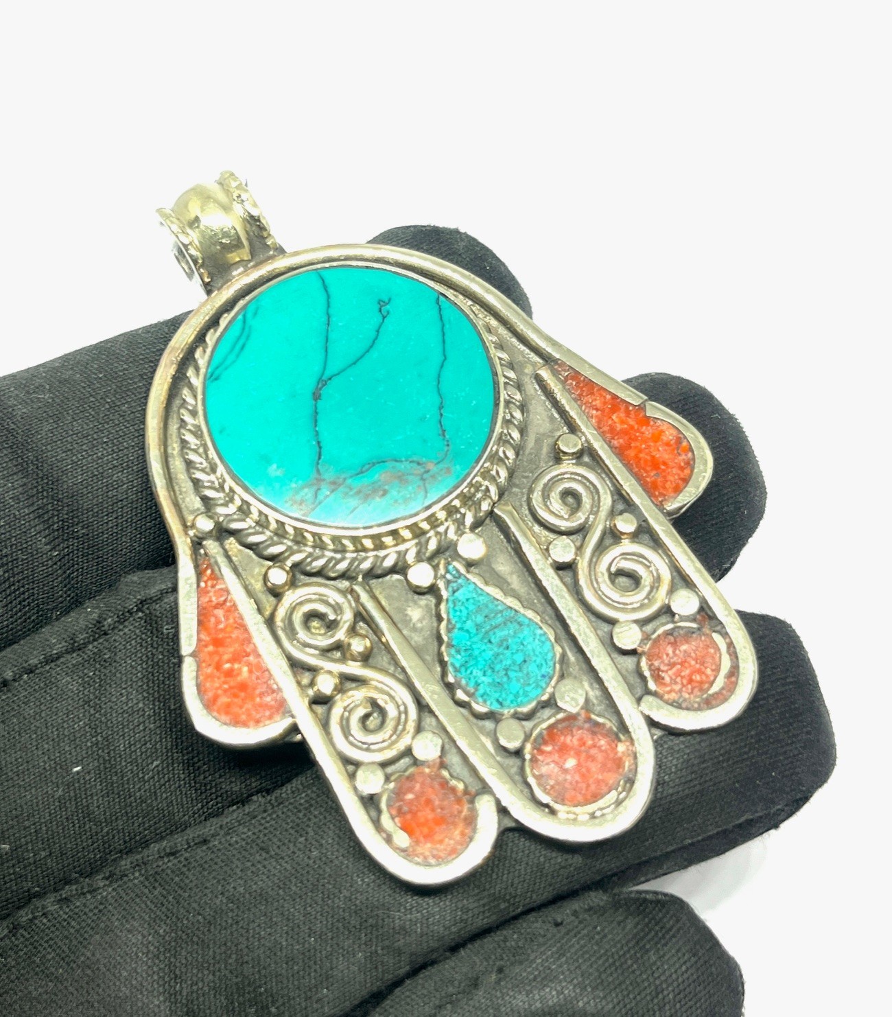 Vintage Turquoise Coral Gemstone Tibetan Buddhist Pendant Jewelry, 2.5 inch