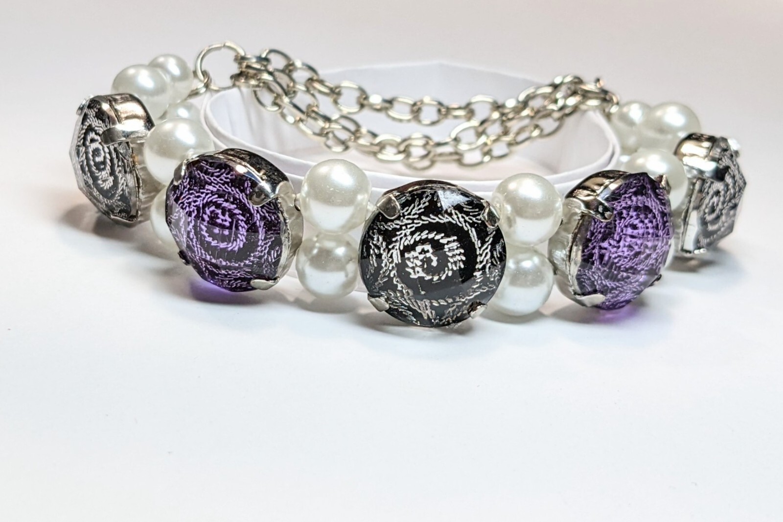 Flower Bracelet Chain Bracelet Woman Rose Purple Silver Stretch Beaded 6 pcs