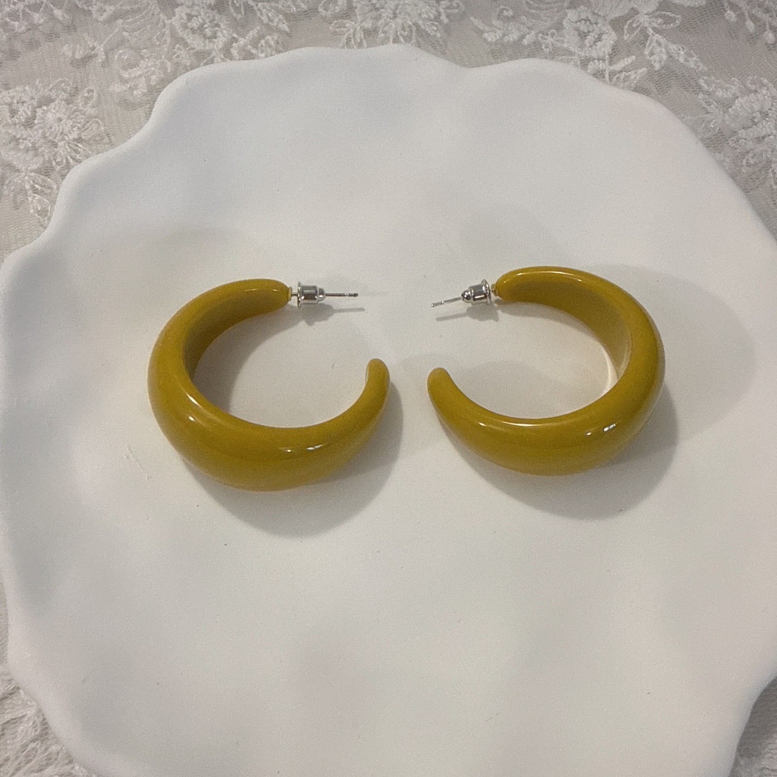 Mustard Yellow Resin Hoop Earrings Silver Plated Post Chunky Minimalist