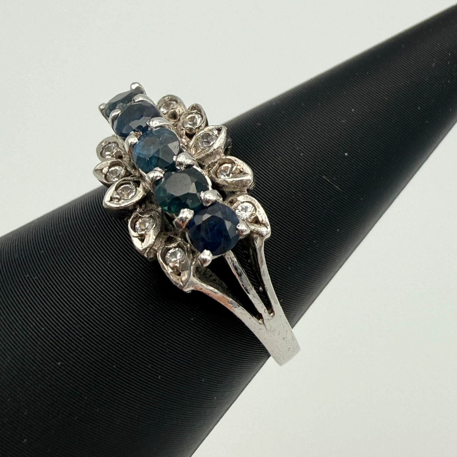 Silver Ring 925 Sterling Blue Green Stones Cubic Zirconia Ring Size 56 Vintage 1990