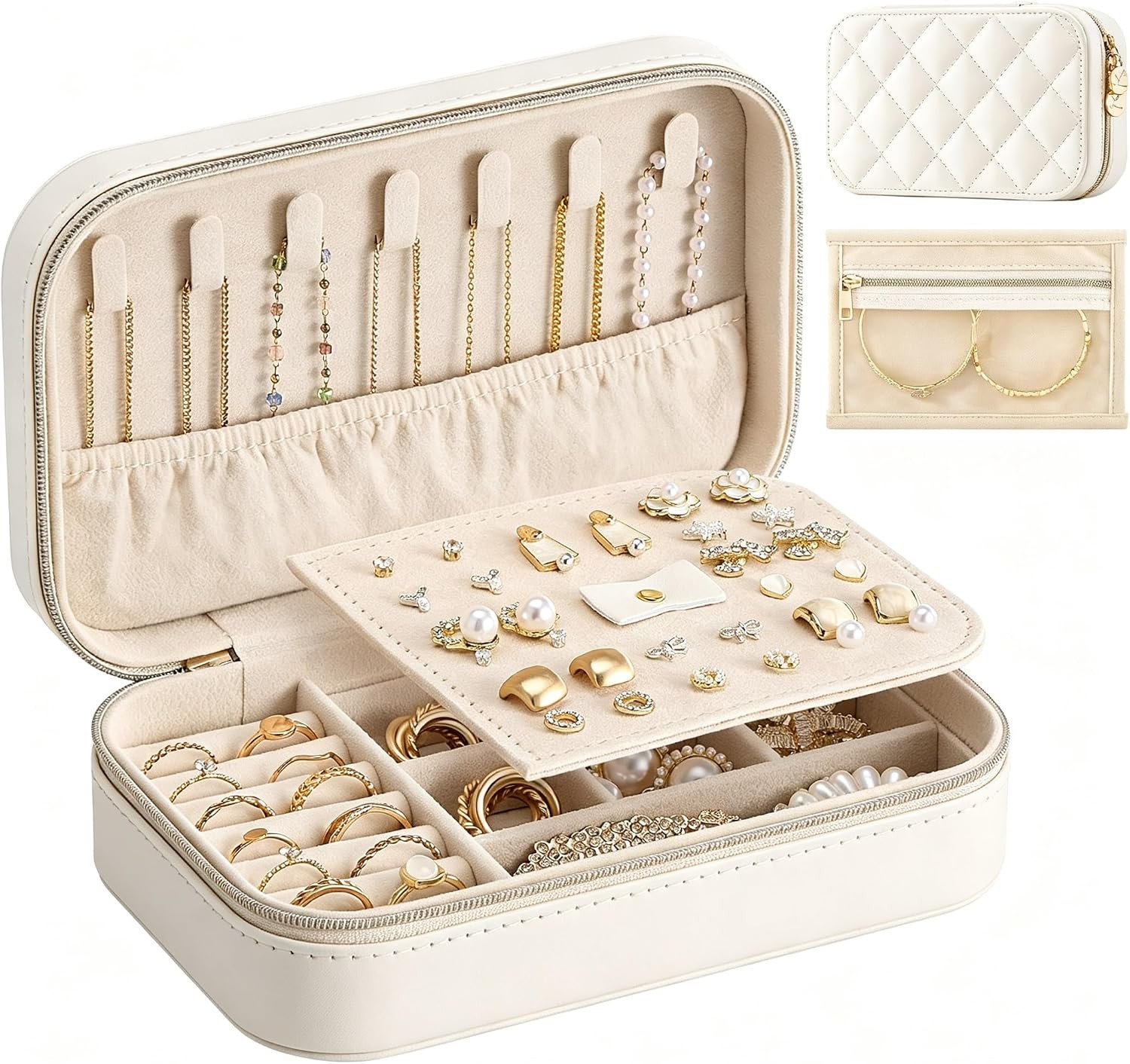 Travel Jewelry Case for Women, Portable Jewelry Organizer Box with Clear Bag Bei