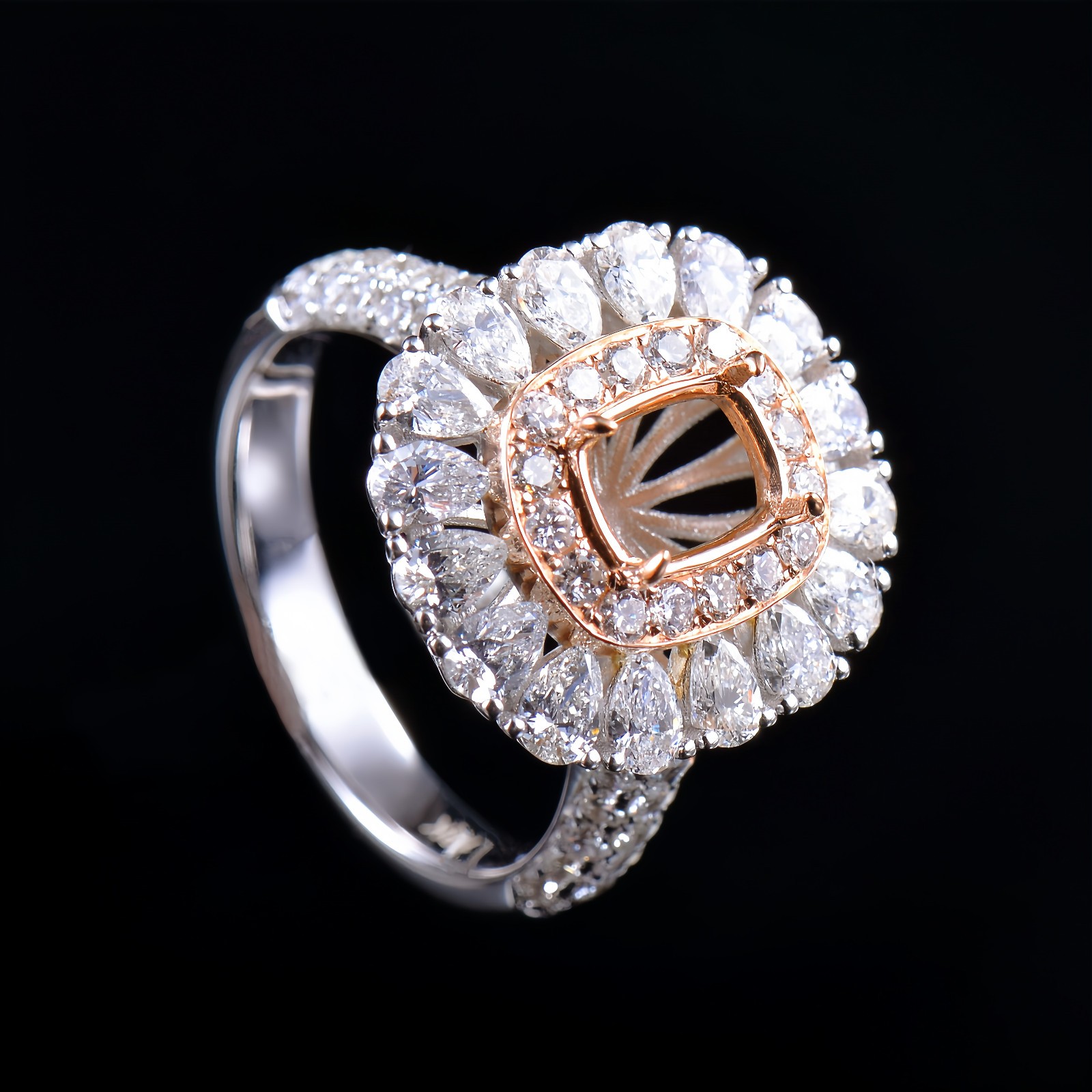Custom Natural Diamond Semi Mount Women Ring Solid 14K 2-Tone Gold Cushion 7×5mm