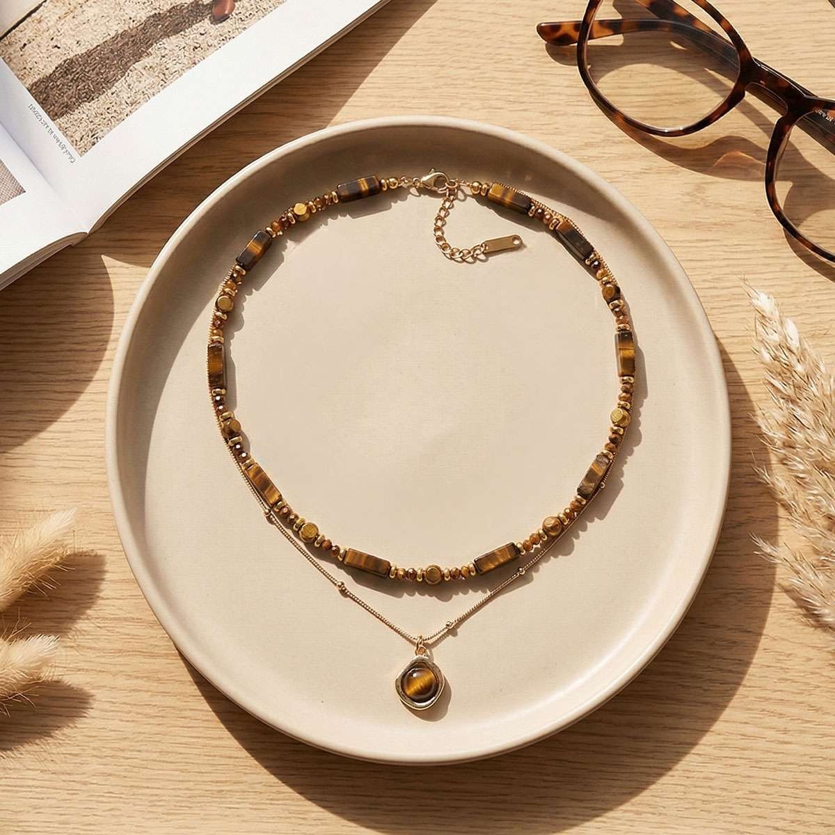 Tiger eye Beaded Necklace Healing Protection Handmade Women Double Pedant Stone