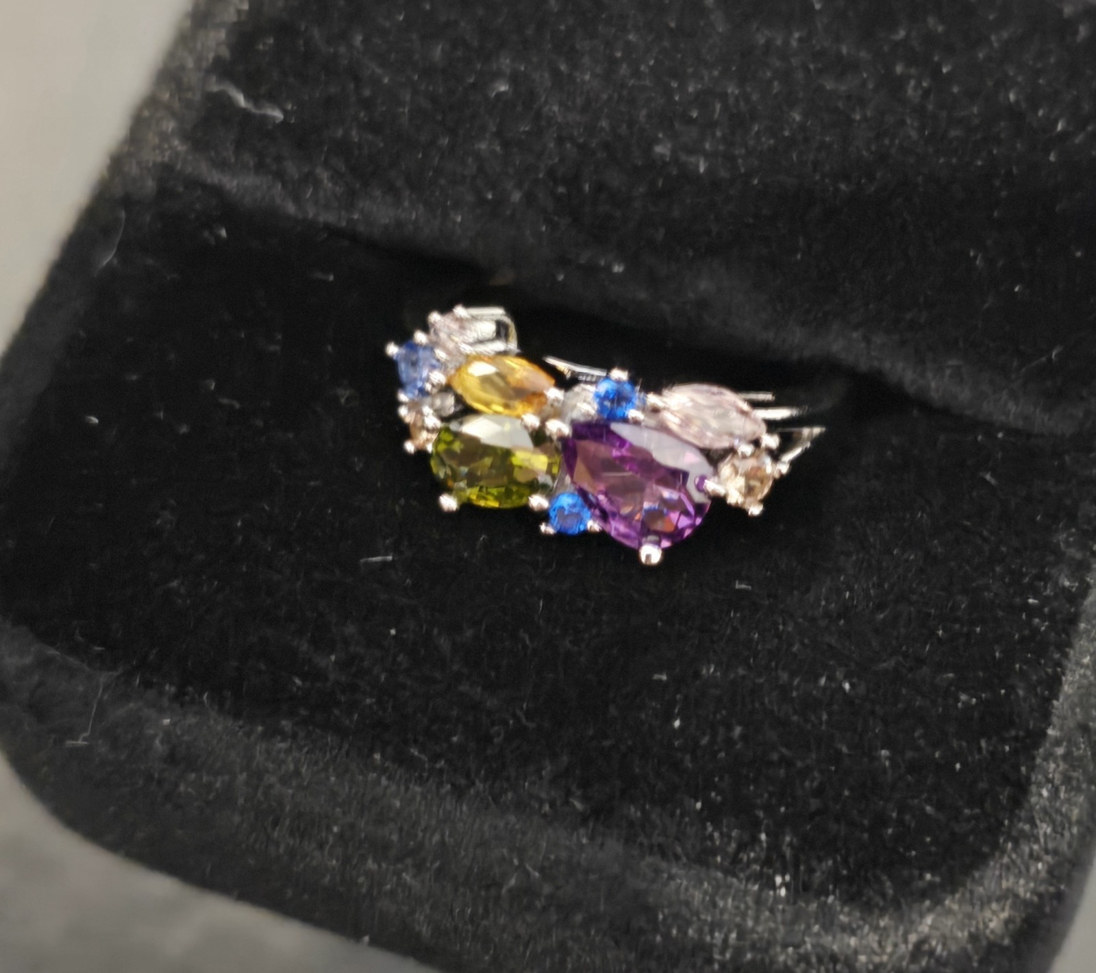 Multi Color Gemstone Cluster Ring Silver Statement Cocktail Women Jewelry Size 7