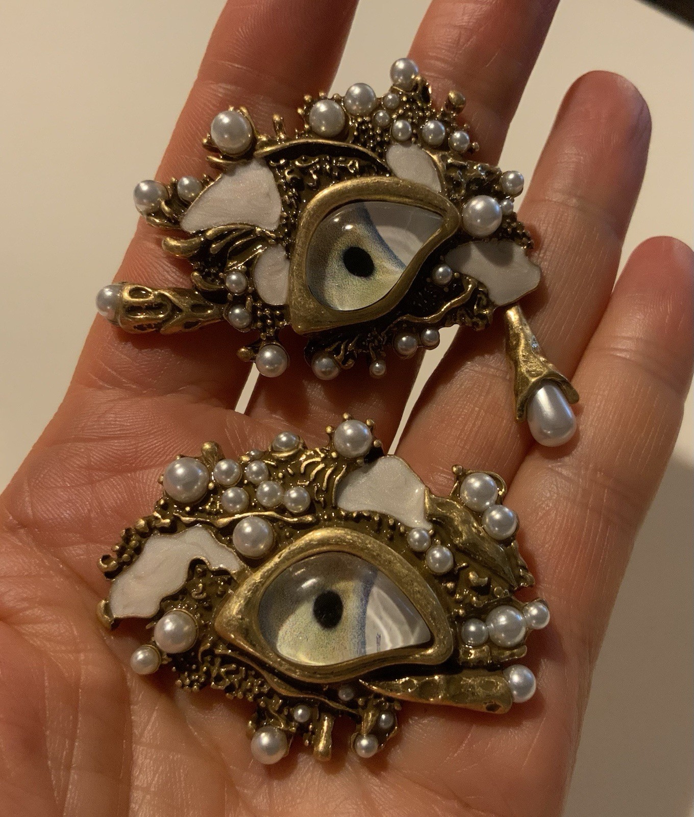 Pearl Baroque Evil Eye Earrings Museum Gold Devil Revival Mismatch Art VTG Stud