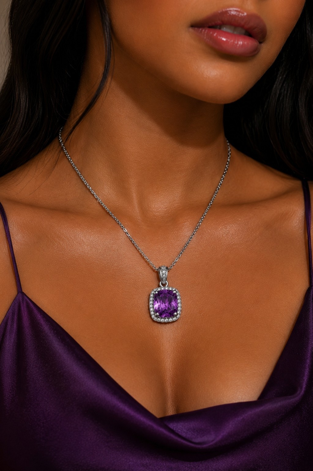 Purple Crystal Halo Pendant Necklace Silver Tone CZ Fashion Jewelry Gift Women