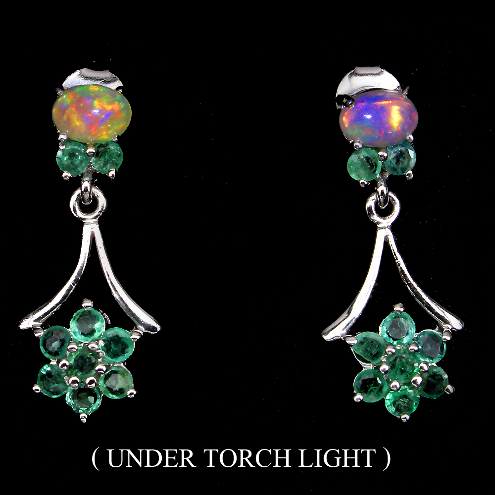 Natural GEM Top Rich Green Emerald ,Fire Opal 925 Sterling Silver DROP Earrings