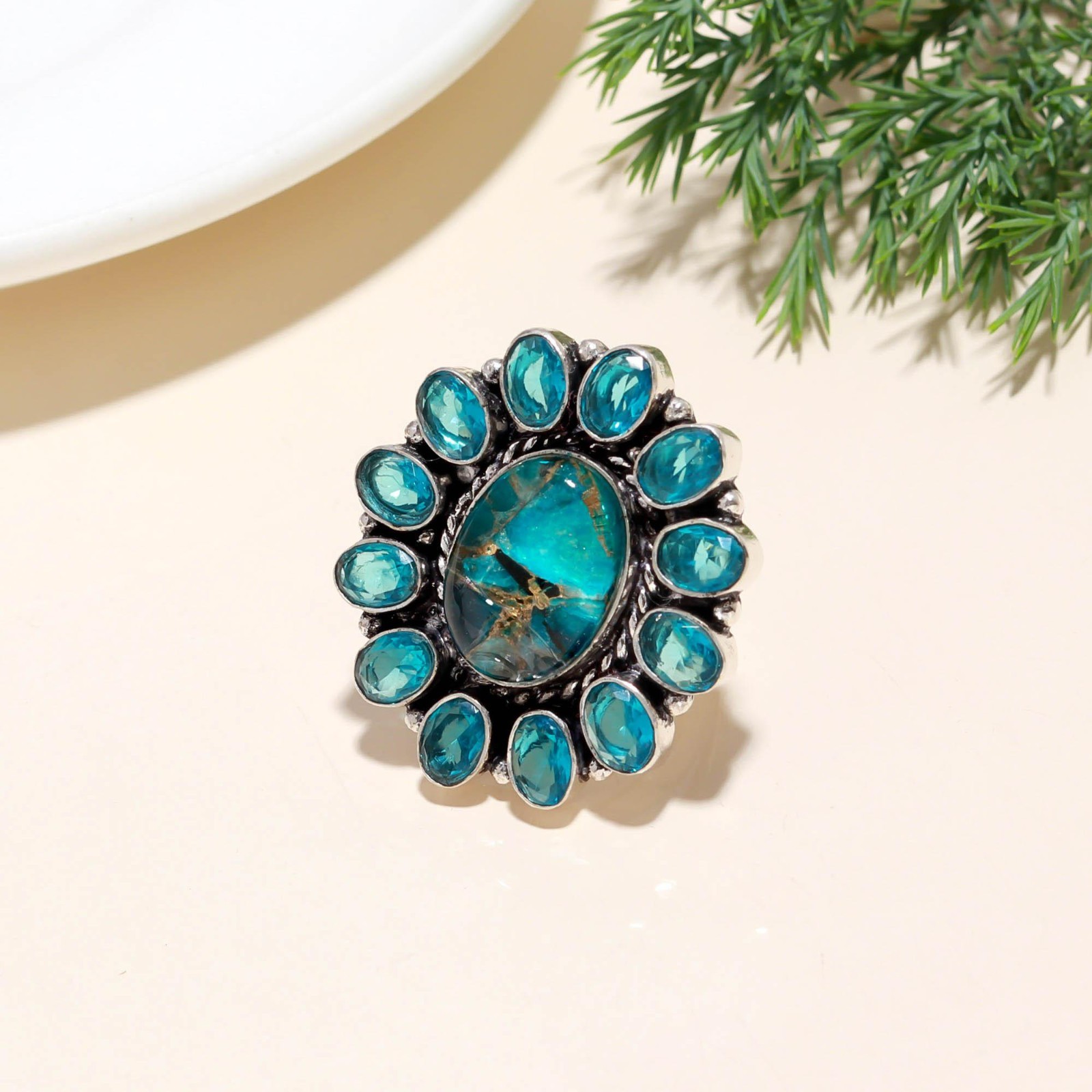 Blue Spiny Turquoise , Topaz Gemstone Handmade 925 Sterling Silver Ring