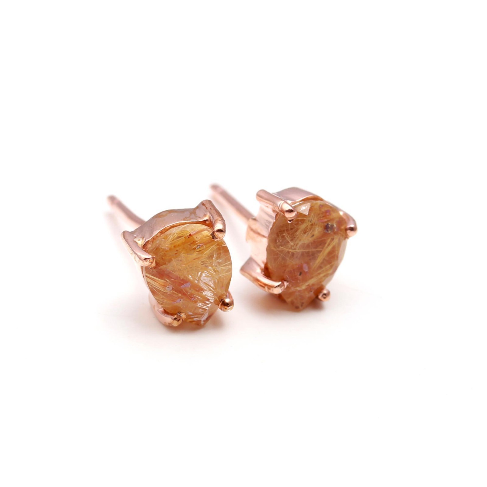 Natural Golden Rutile Pear Stud Earrings Rose Gold Filled Solid Silver Jewelry