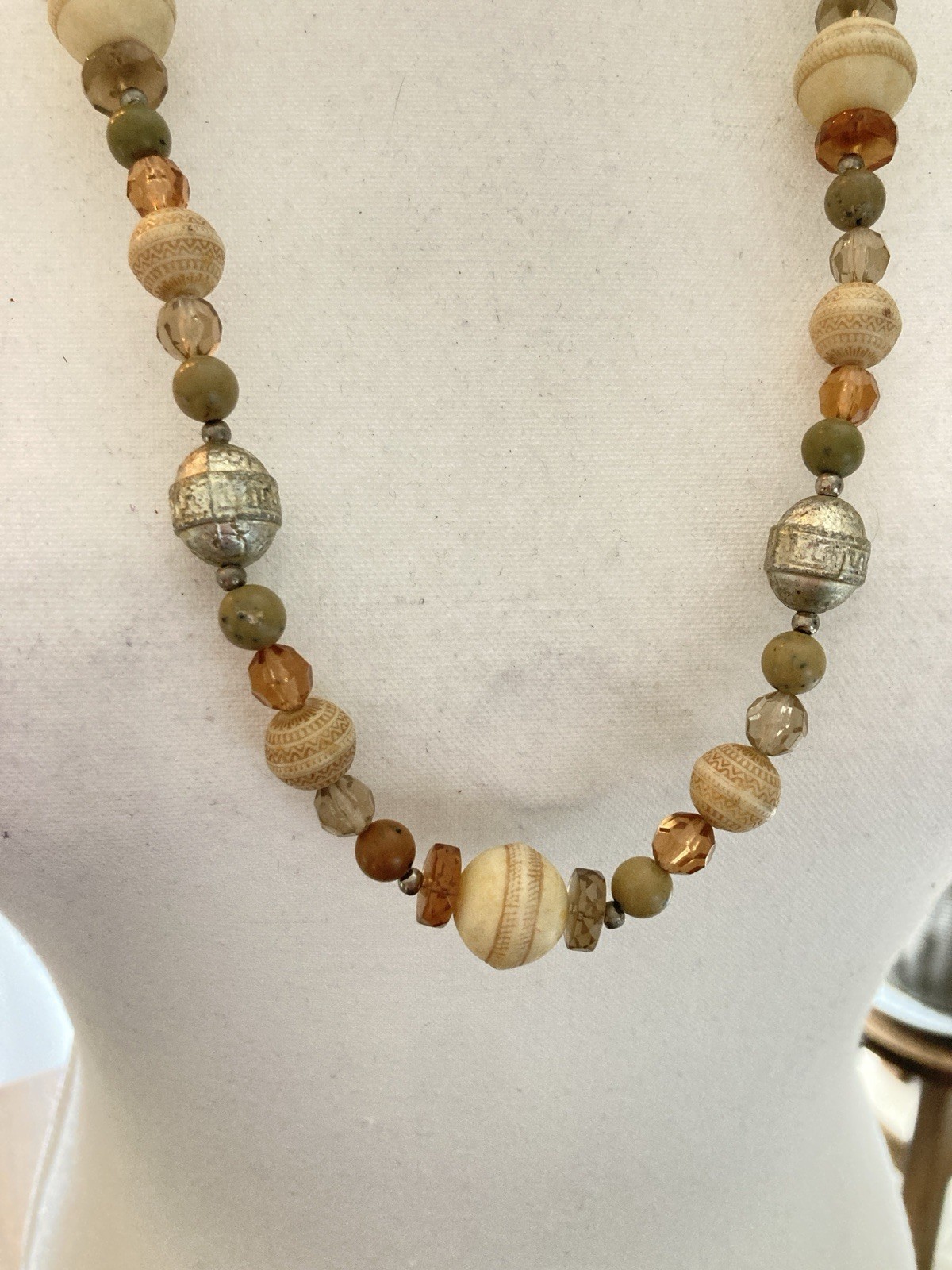 Long Beaded Necklace Wood Glass Silver Tone Neutral Earth Tone Boho Artisan