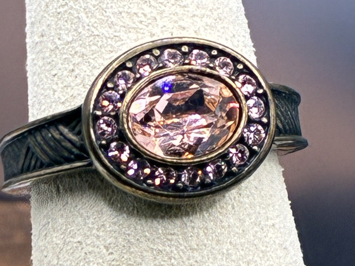 Touchstone Peach Crystal Halo Ring in Brown Rhodium Size 8.25