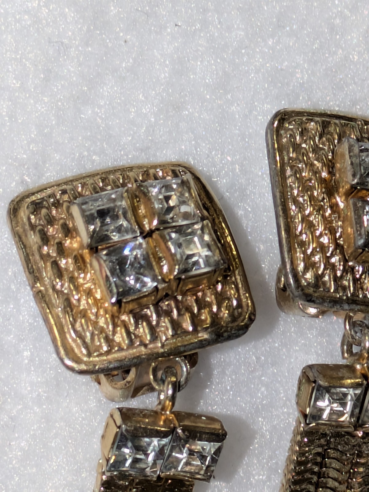 VINTAGE HOBE CLIP STYLE DANGLE MULTI STRAND RHINESTONE EARRINGS