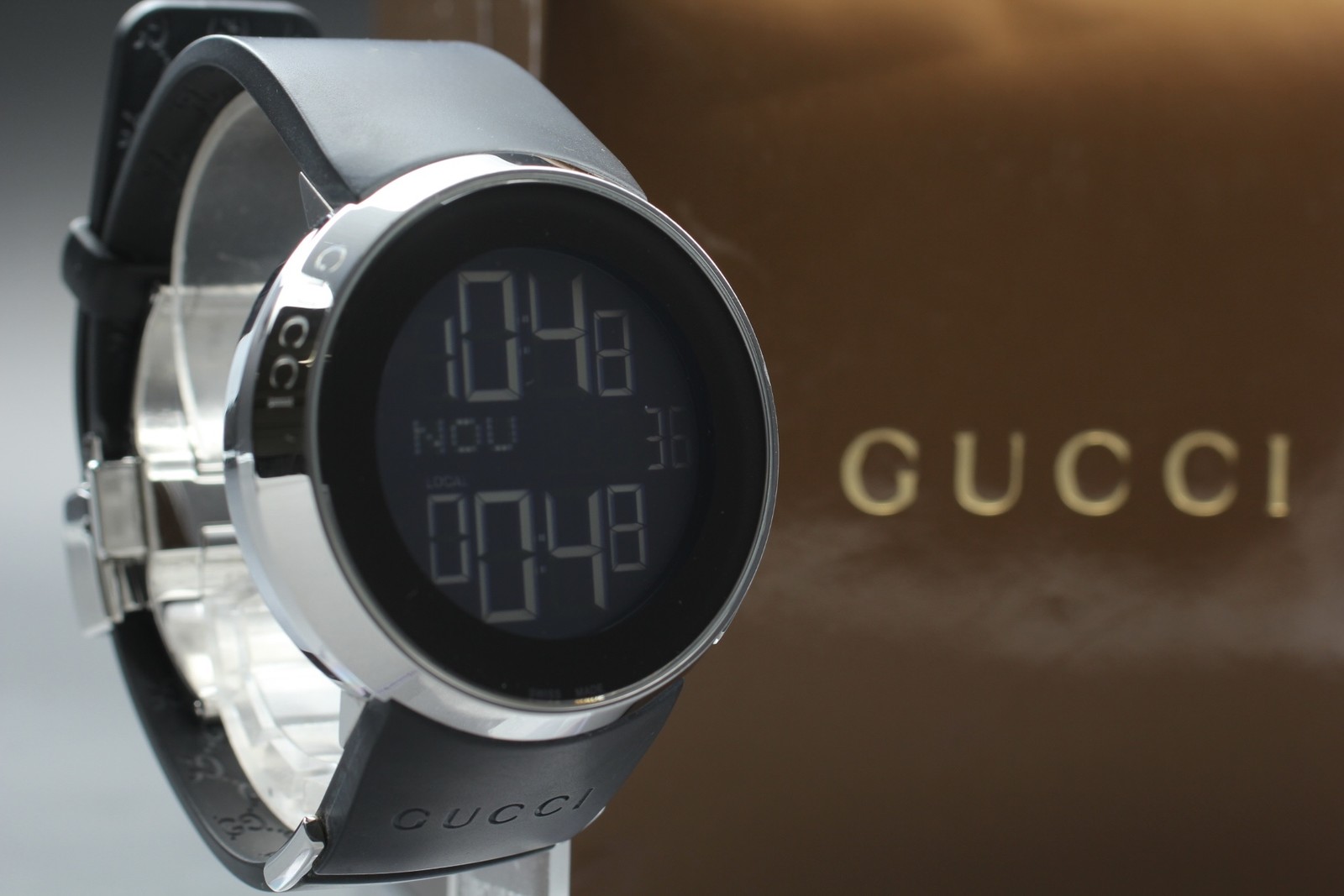 [Near MINT w/Box] GUCCI I-GUCCI 316L 114-2 45mm Black Rubber Digital Men’s Watch