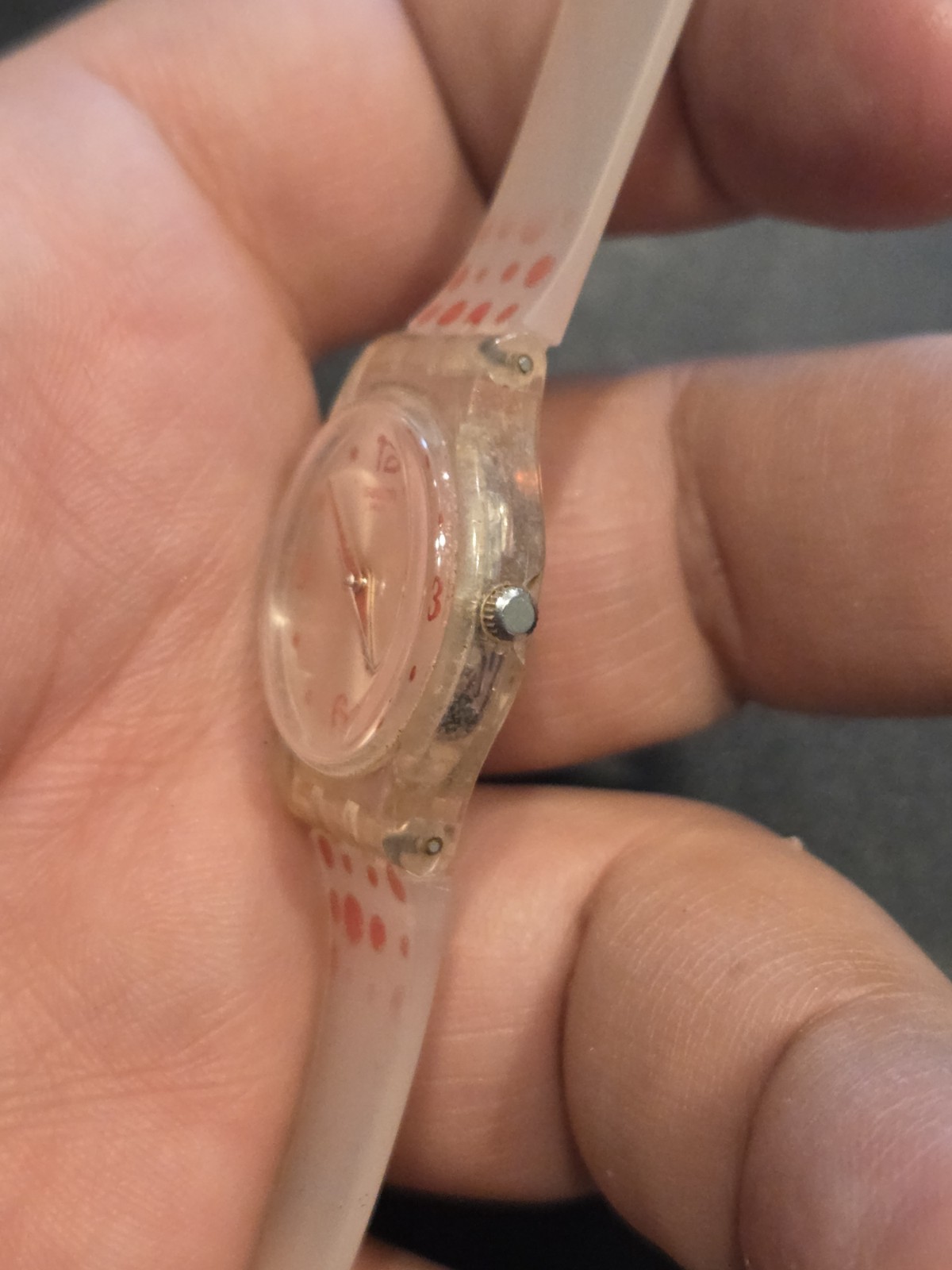 Vtg Swatch Watch 80’s 90’s Rare Red Darling 8″ Quartz Polka Dot Transparent C201