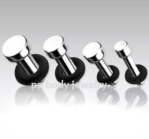 PAIR of Surgical Steel Single Flare Solid with Black O-Ring Plug 14G-00G