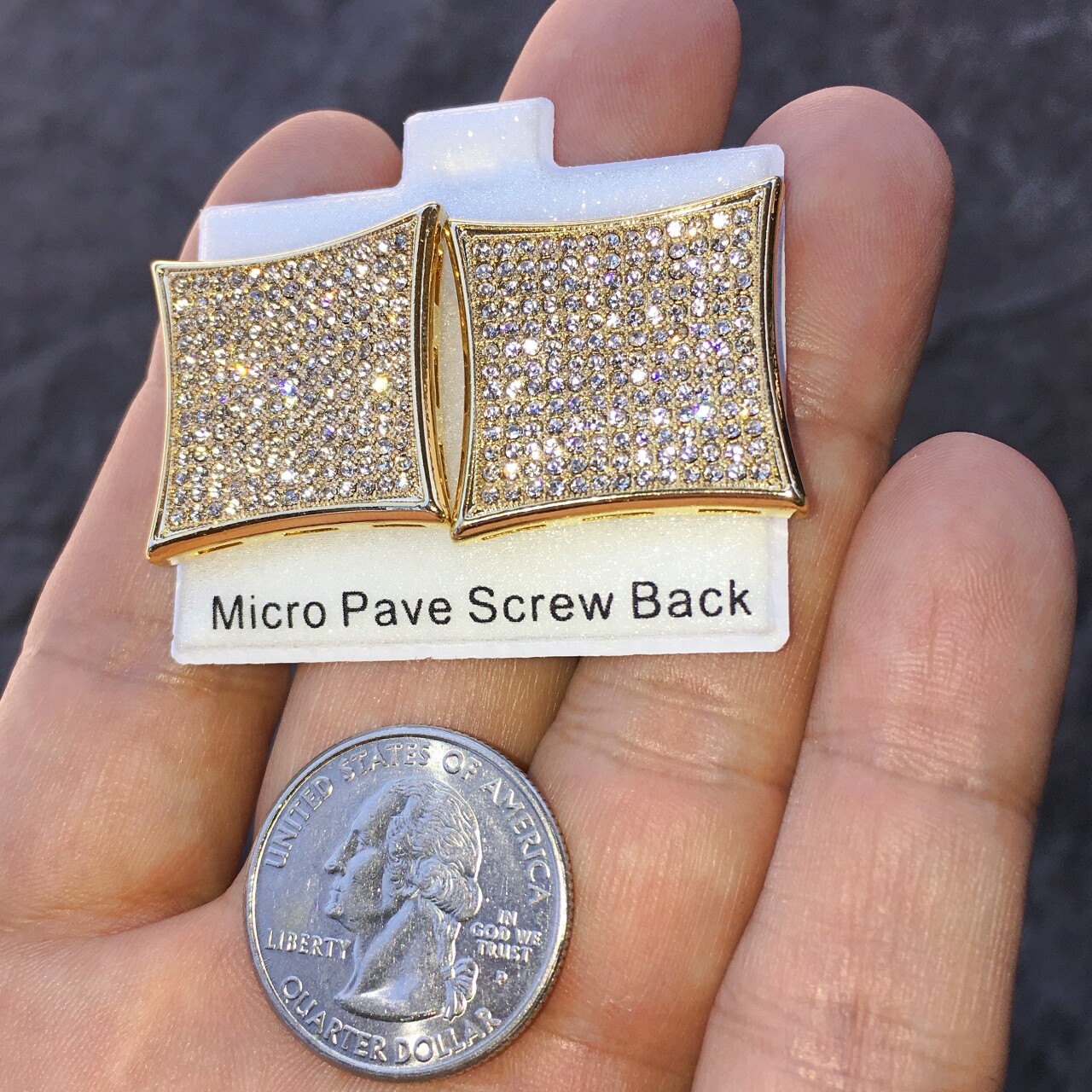 Men’s Huge 25MM Hip Hop Kite Earrings Micro Pave 13 Rows Gold Plated Screw Back