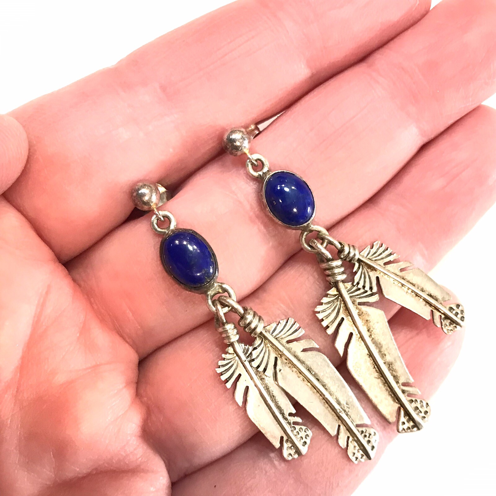 Native American Navajo Lapis Earrings Feather Dangle Sterling Silver Post 6g 2″