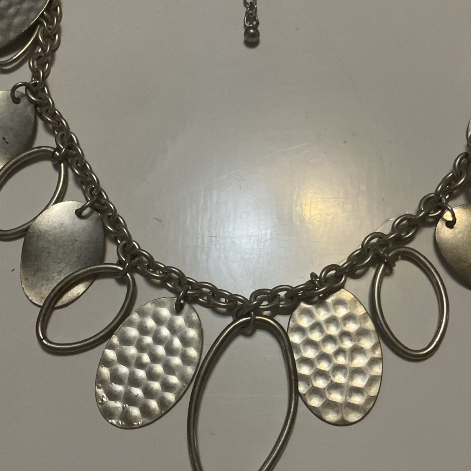 Silver Tone Hammered Oval Pendant Necklace Statement Charm Metal Link Chain Gift