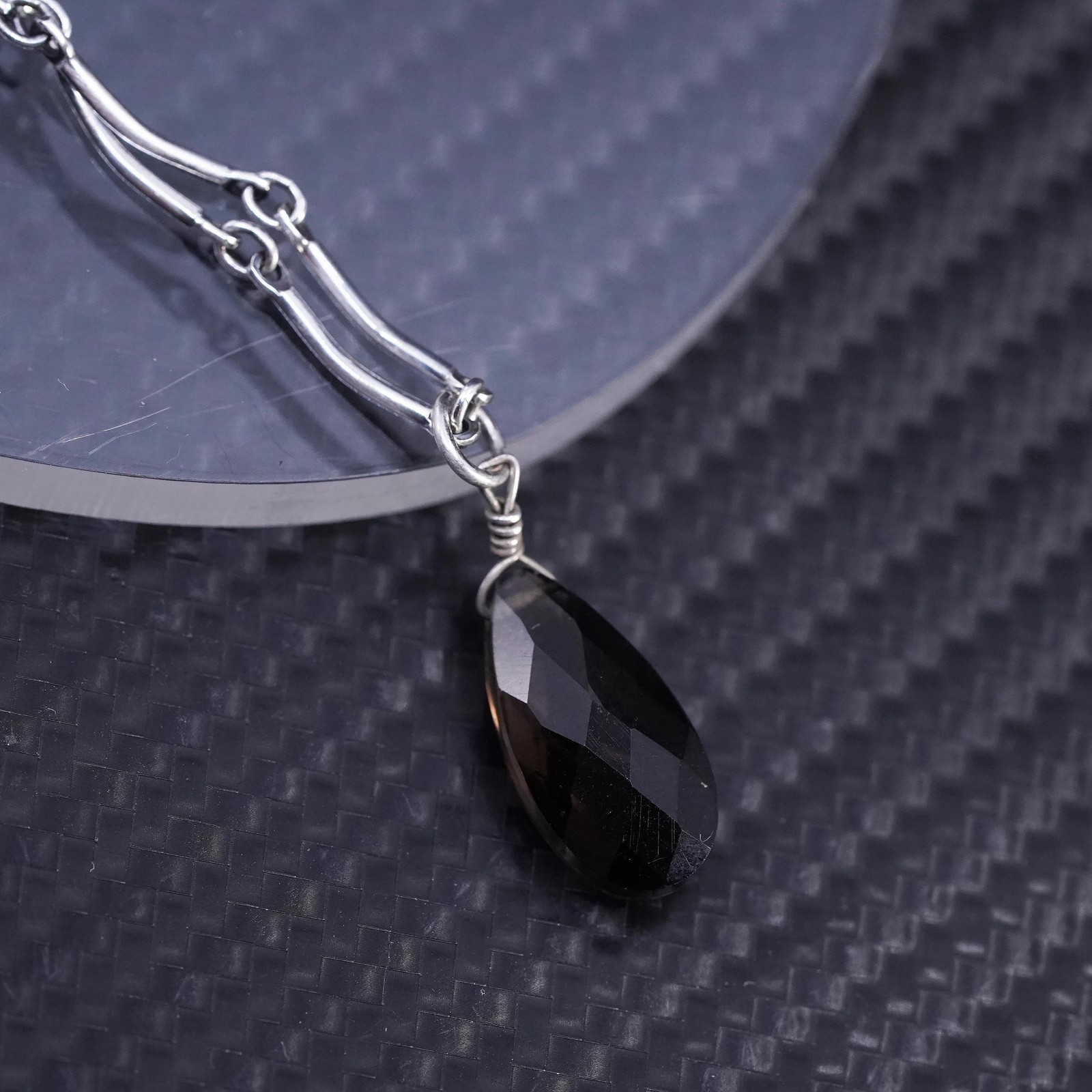 16”, sterling silver 925 DNA bone chain necklace teardrop smoky quartz
