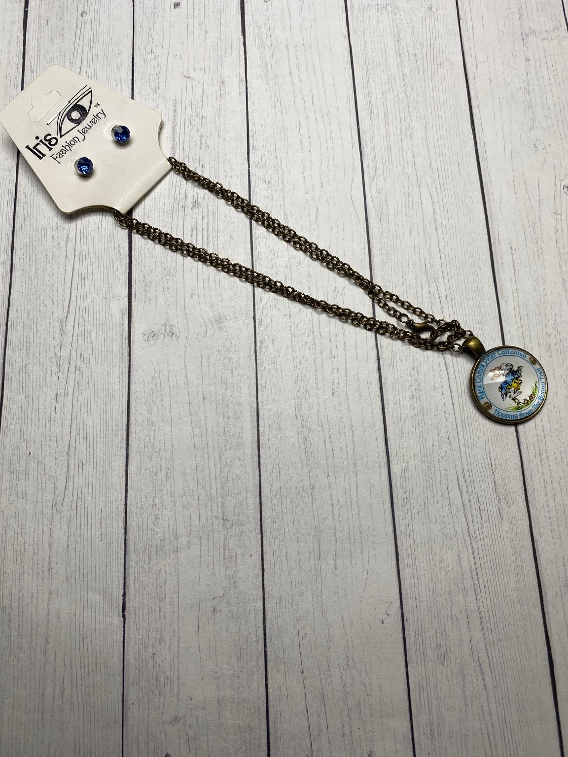 Iris Necklace and Earrings Set Bronze Blue Bunny Pendant Kids Jewelry