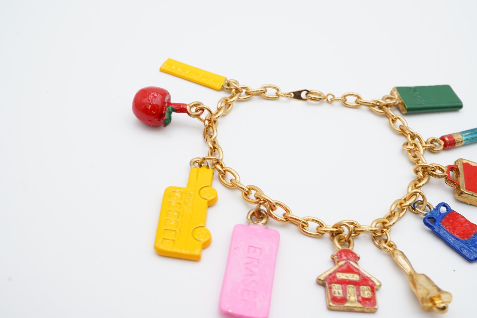 Vintage Charm Bracelet Gold Tone Enamel School Teacher 6.75″