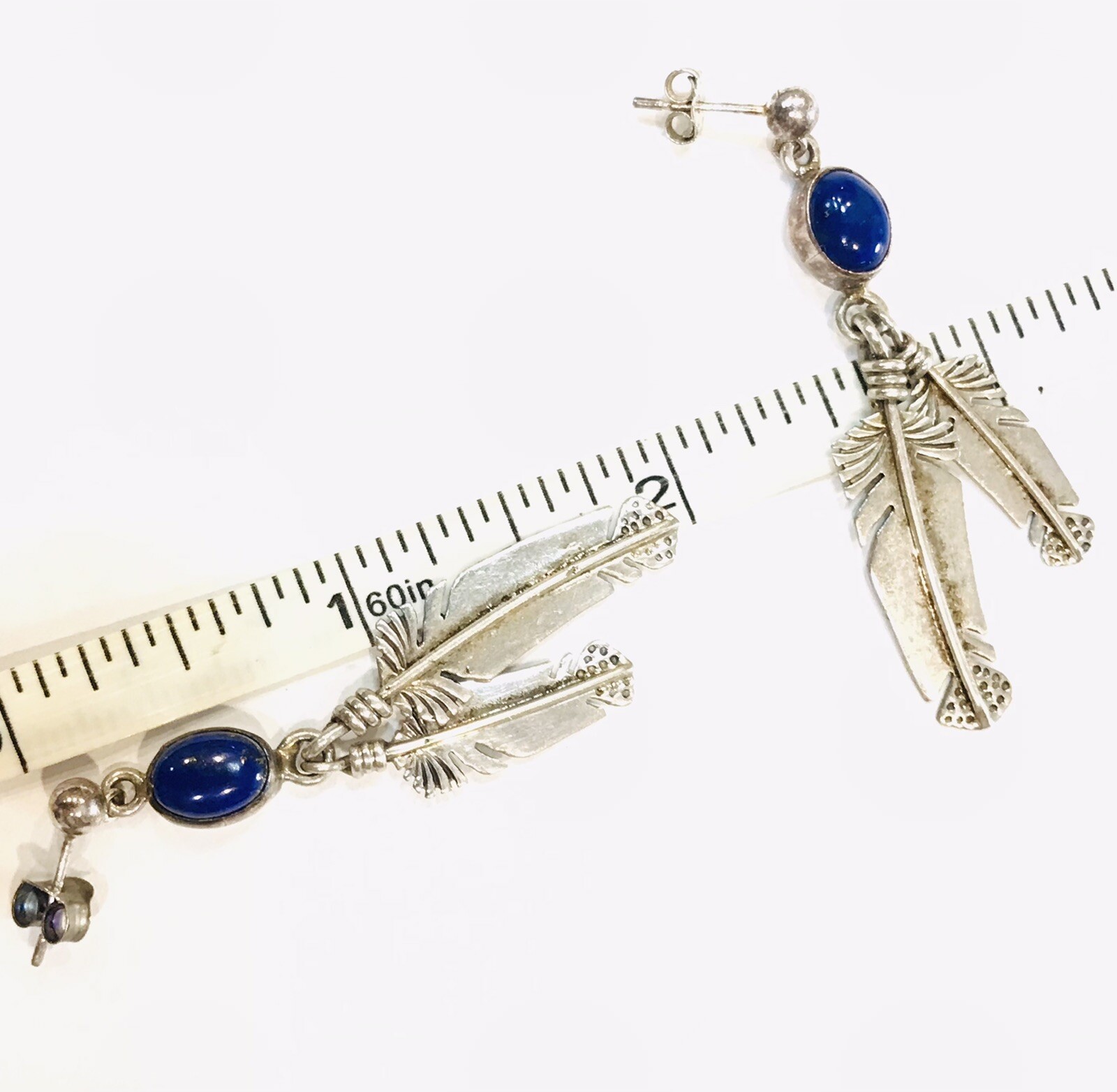 Native American Navajo Lapis Earrings Feather Dangle Sterling Silver Post 6g 2″