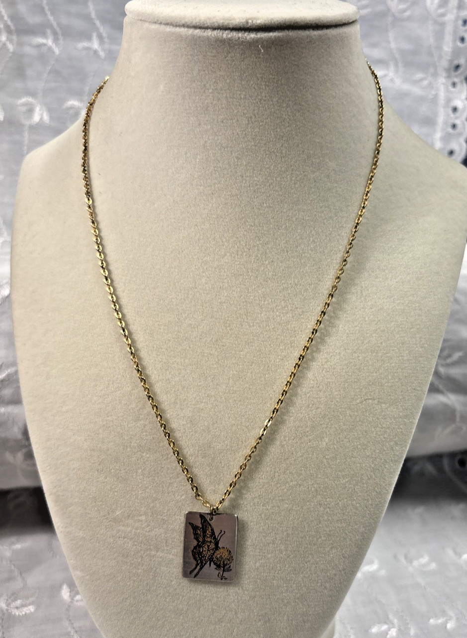 Vtg REED & BARTON Damascene Square Monarch BUTTERFLY PENDANT Necklace
